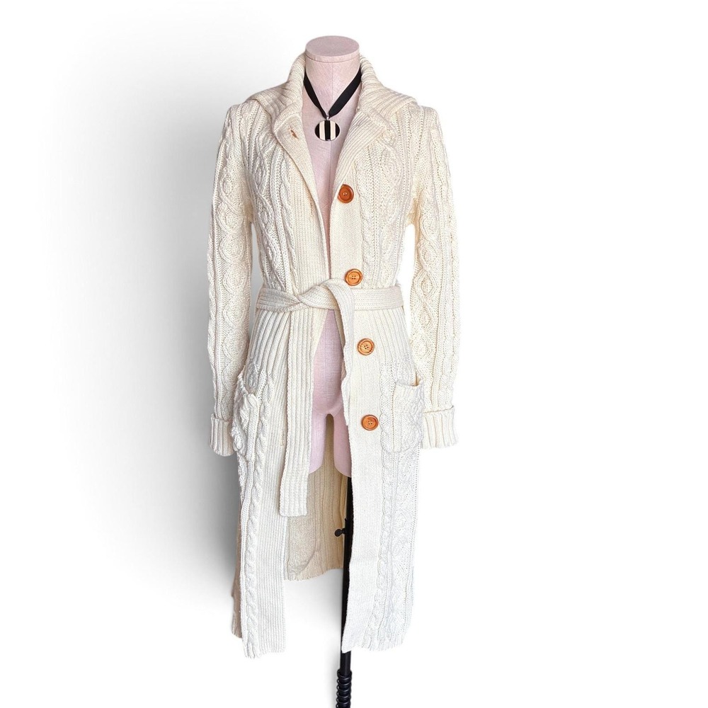 Vintage 70s Longline Cable Knit Sweater Cream Belted Shawl Collar - Picture 2 of 9